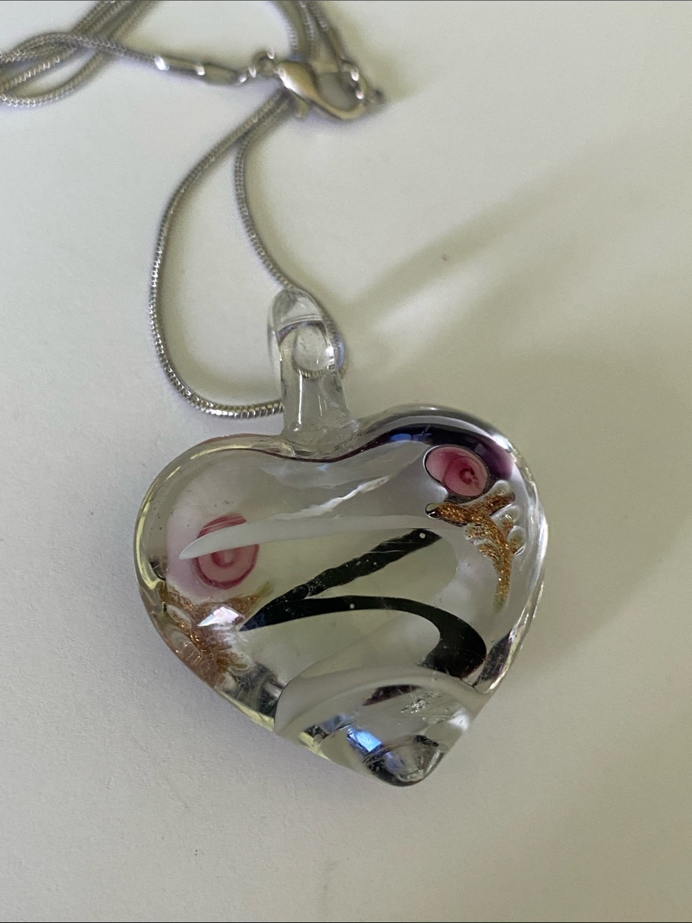 Artisan Clear Heart Glass Pendant Necklace with Pink and Gold Accents - Picture 3 of 5